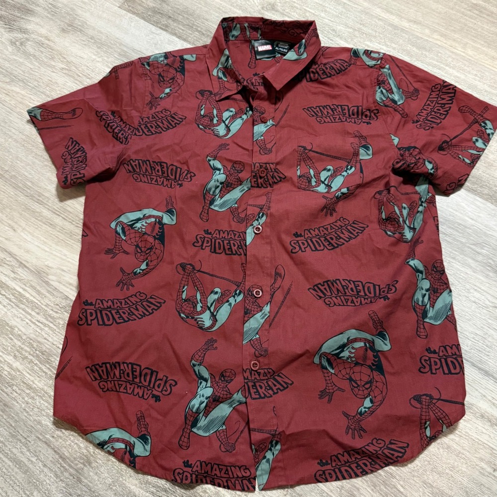 Marvel The Amazing Spider-Man Button Down Shirt XL Burgundy Cotton Short Sleeve